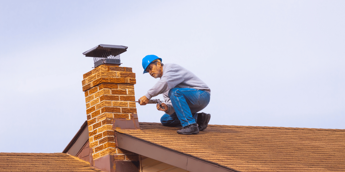 A person working on a roof servicing a chimney