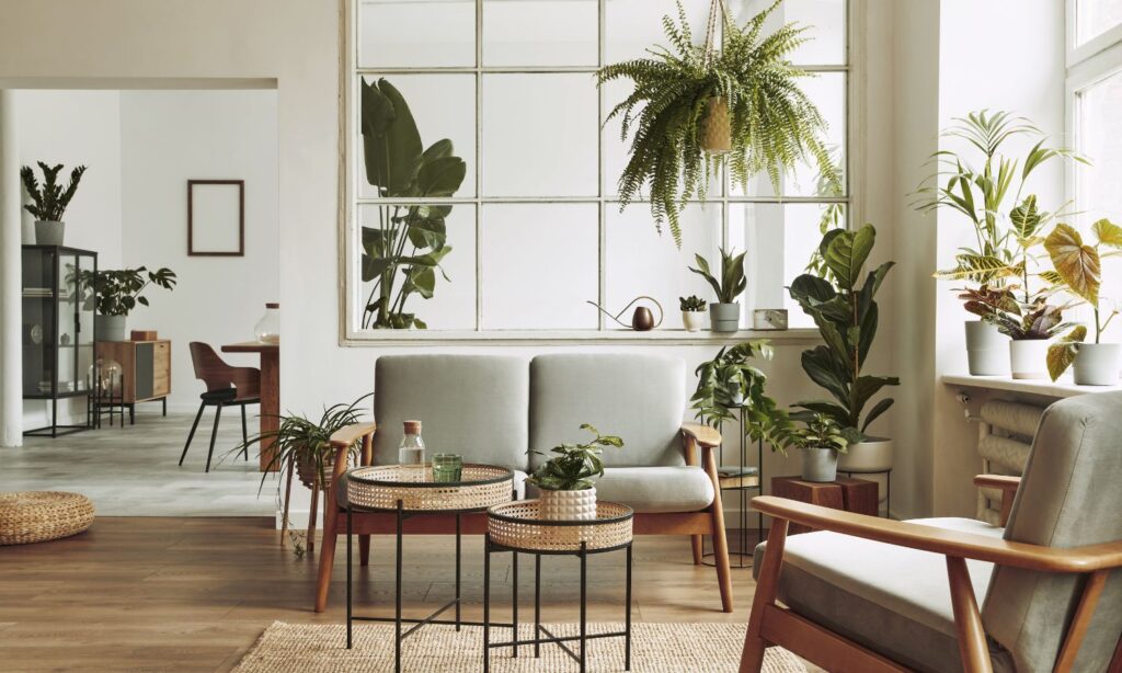 Living room with mid-century modern furniture and numerous potted plants, creating a cozy and natural ambiance.
