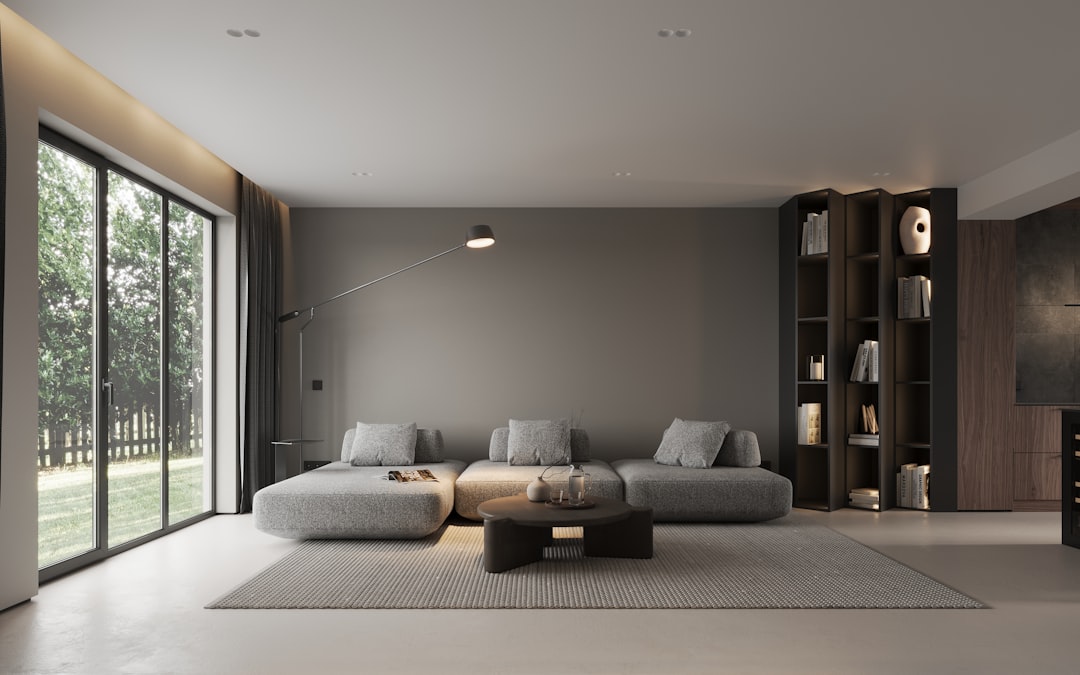 A bright and airy modern living room with minimalist decor, showcasing an energy-efficient smart lighting system that enhances the home's ambiance.